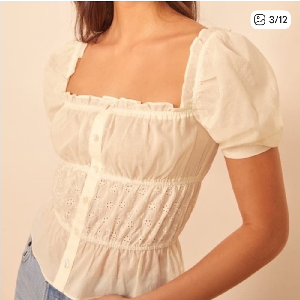 Reformation Ivory Eyelet Puff Sleeve Blouse - Picture 2 of 4